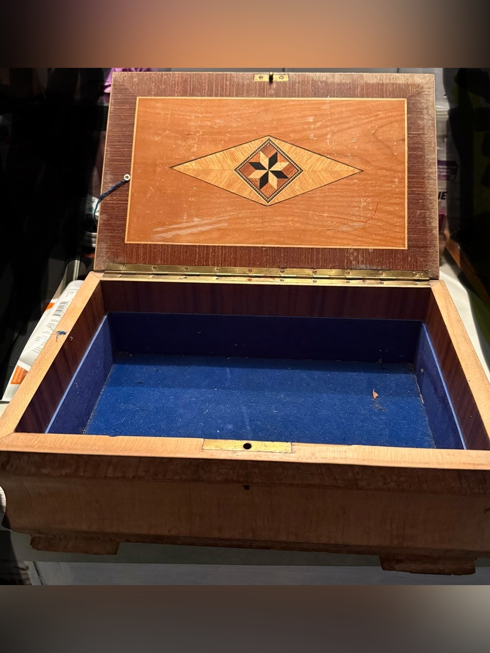 LARGE Vintage Italian Florentine Wood Chest Box Gold Gilt Monogram H Blue Velvet